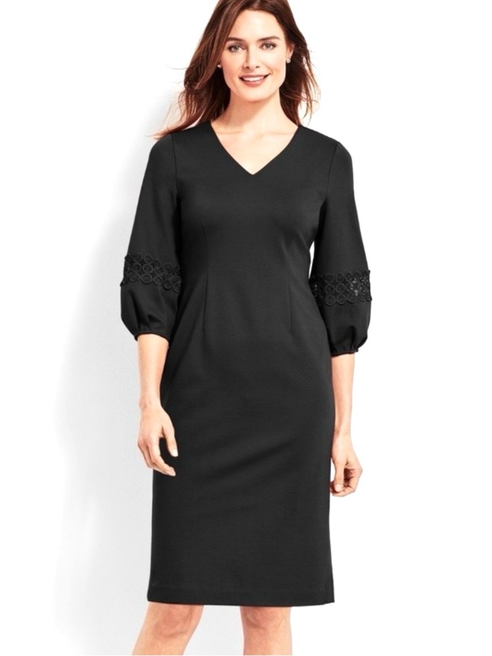 Talbots Ponte Knit Sheath Dress Women’s Size 8 Eyelet Lace Trim Puff Sleeves